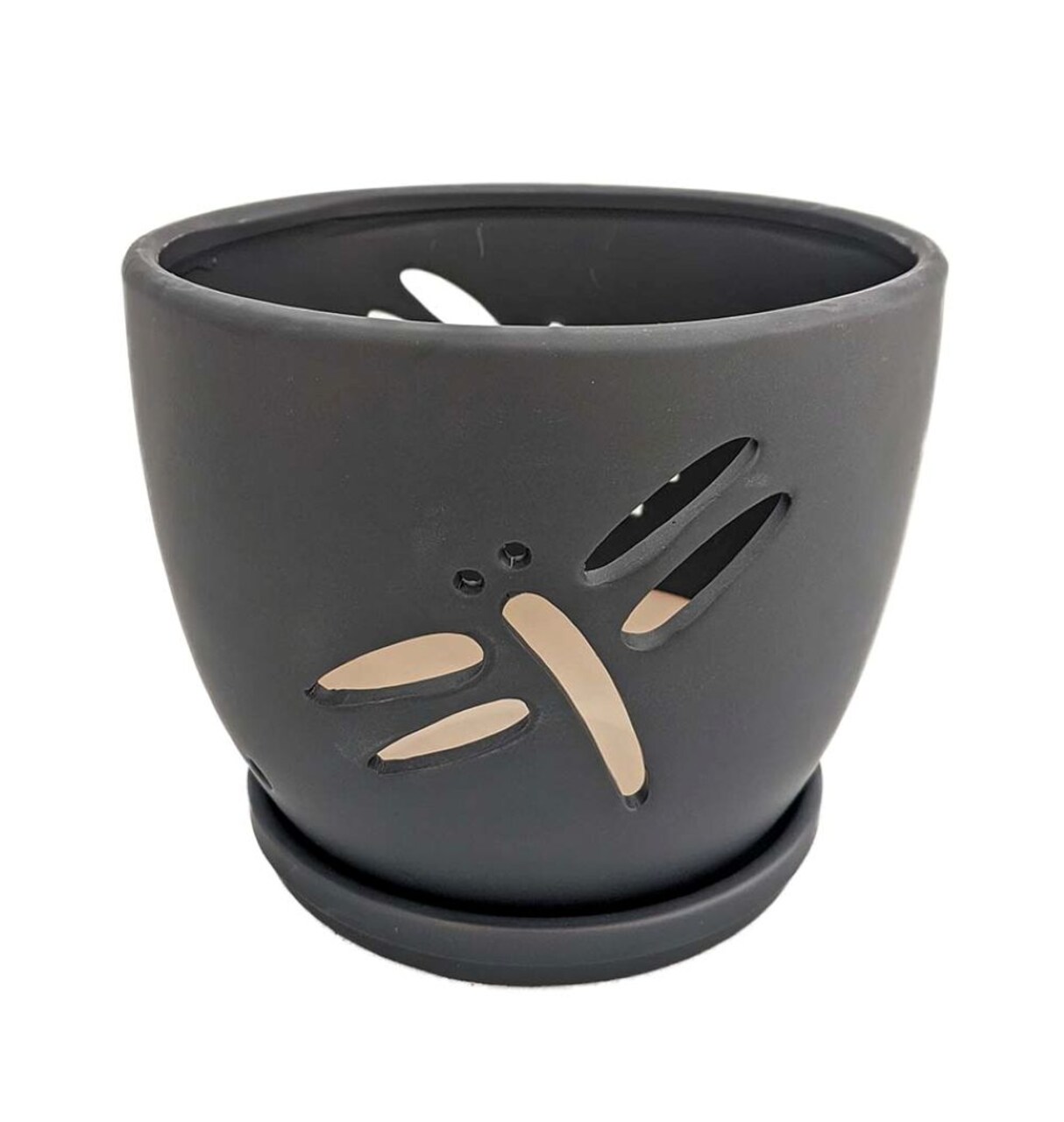 Dragonfly Matte Black Ceramic Orchid Pot and Saucer + Felt Feet-5 1/2" x 5 1/4"